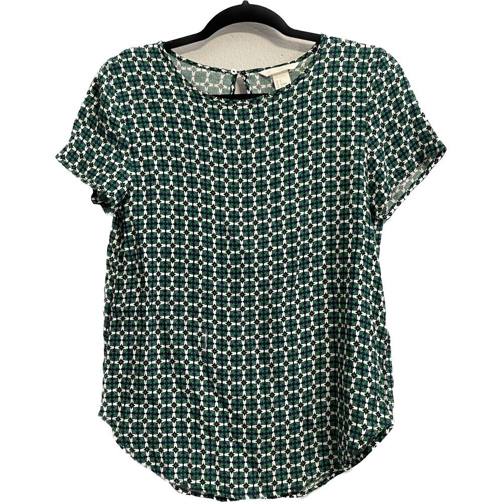 H&M Work Ready Blouse Lightweight Geometric Green Short Sleeve Womens Size 4 Sm